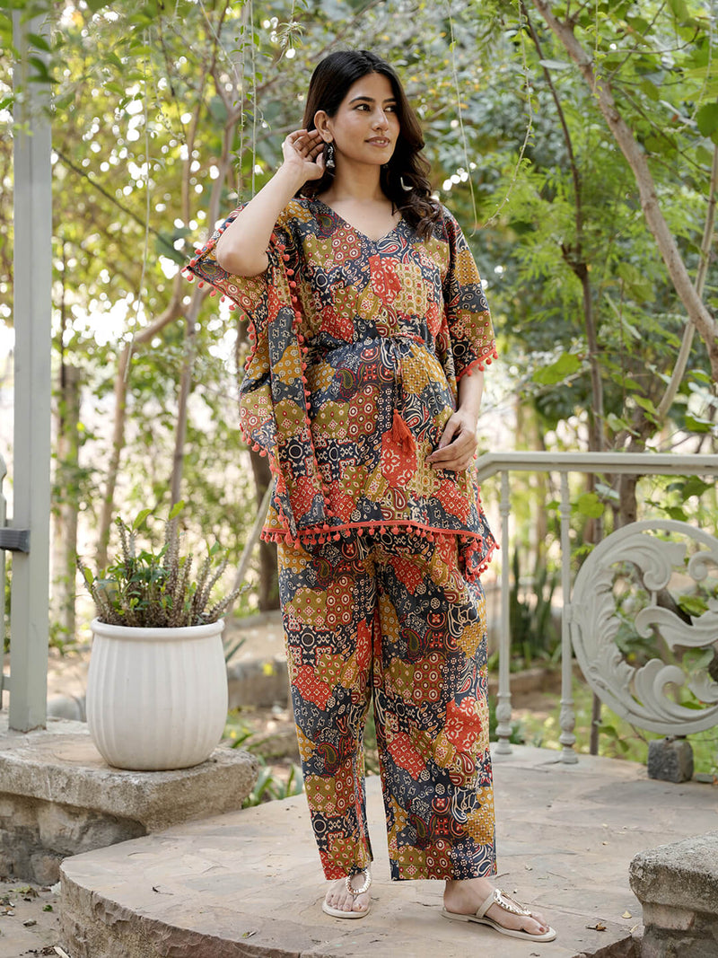Multicolor Printed Cotton Maternity Feeding-Friendly Kaftan Night Suit