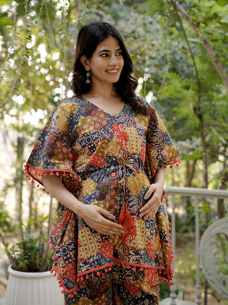 Multicolor Printed Cotton Maternity Feeding-Friendly Kaftan Night Suit