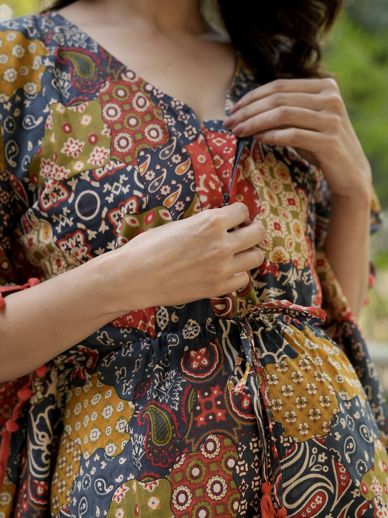 Multicolor Printed Cotton Maternity Feeding-Friendly Kaftan Night Suit