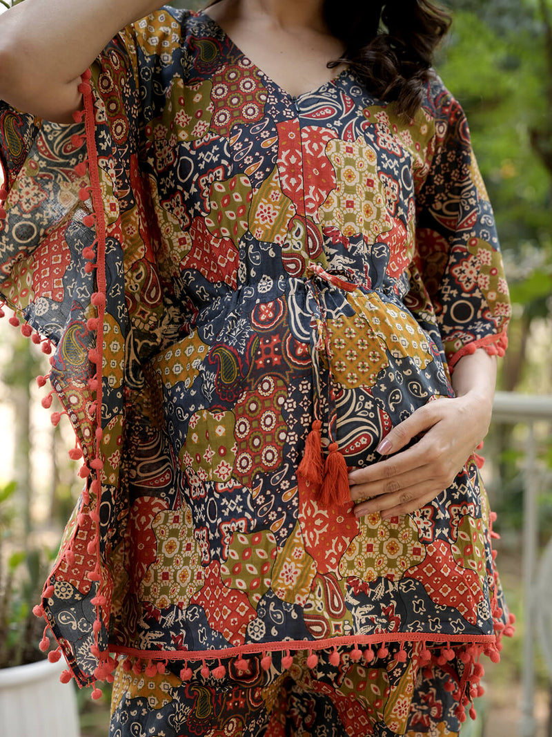 Multicolor Printed Cotton Maternity Feeding-Friendly Kaftan Night Suit