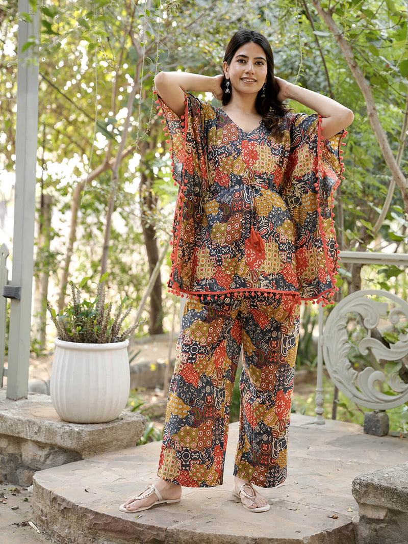 Multicolor Printed Cotton Maternity Feeding-Friendly Kaftan Night Suit