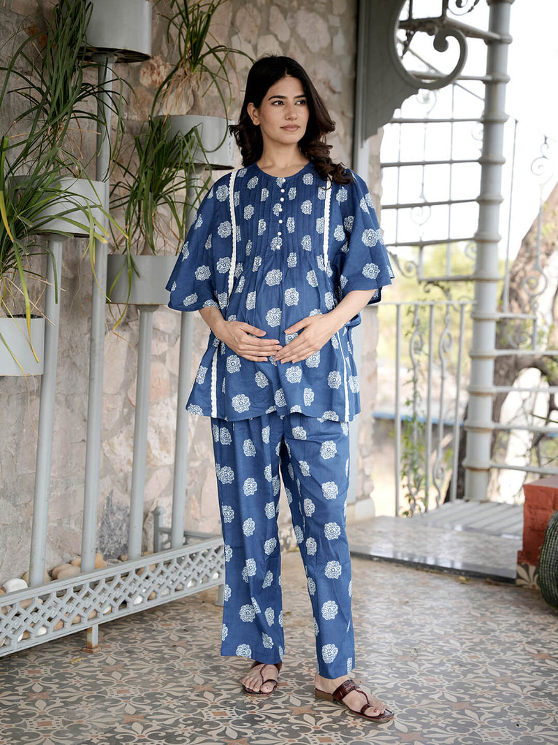 Indigo Printed Cotton Maternity Feeding-Friendly Night Suit