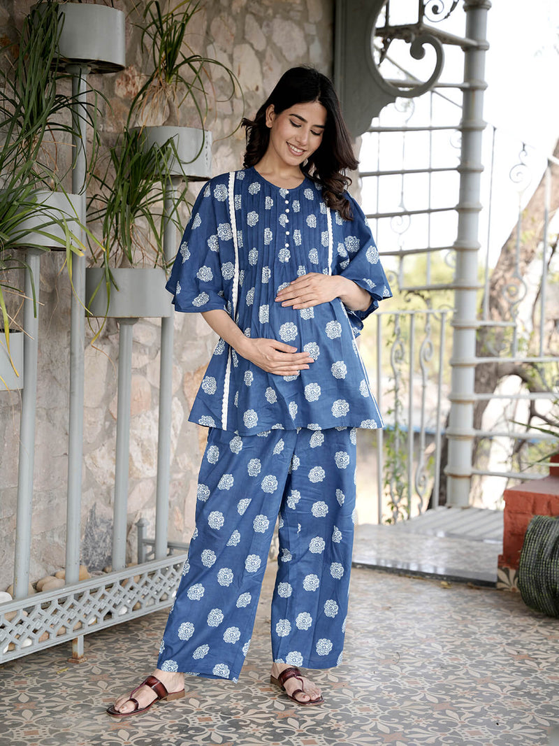 Indigo Printed Cotton Maternity Feeding-Friendly Night Suit