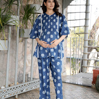Indigo Printed Cotton Maternity Feeding-Friendly Night Suit