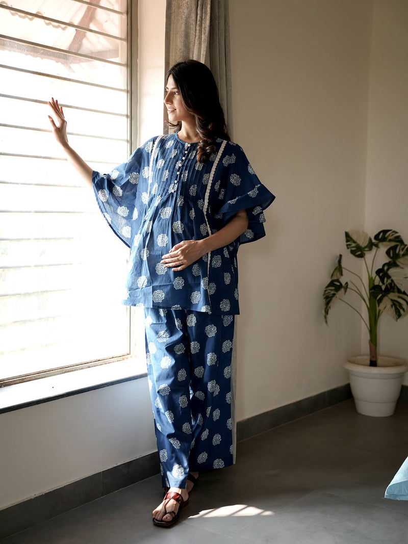 Indigo Printed Cotton Maternity Feeding-Friendly Night Suit