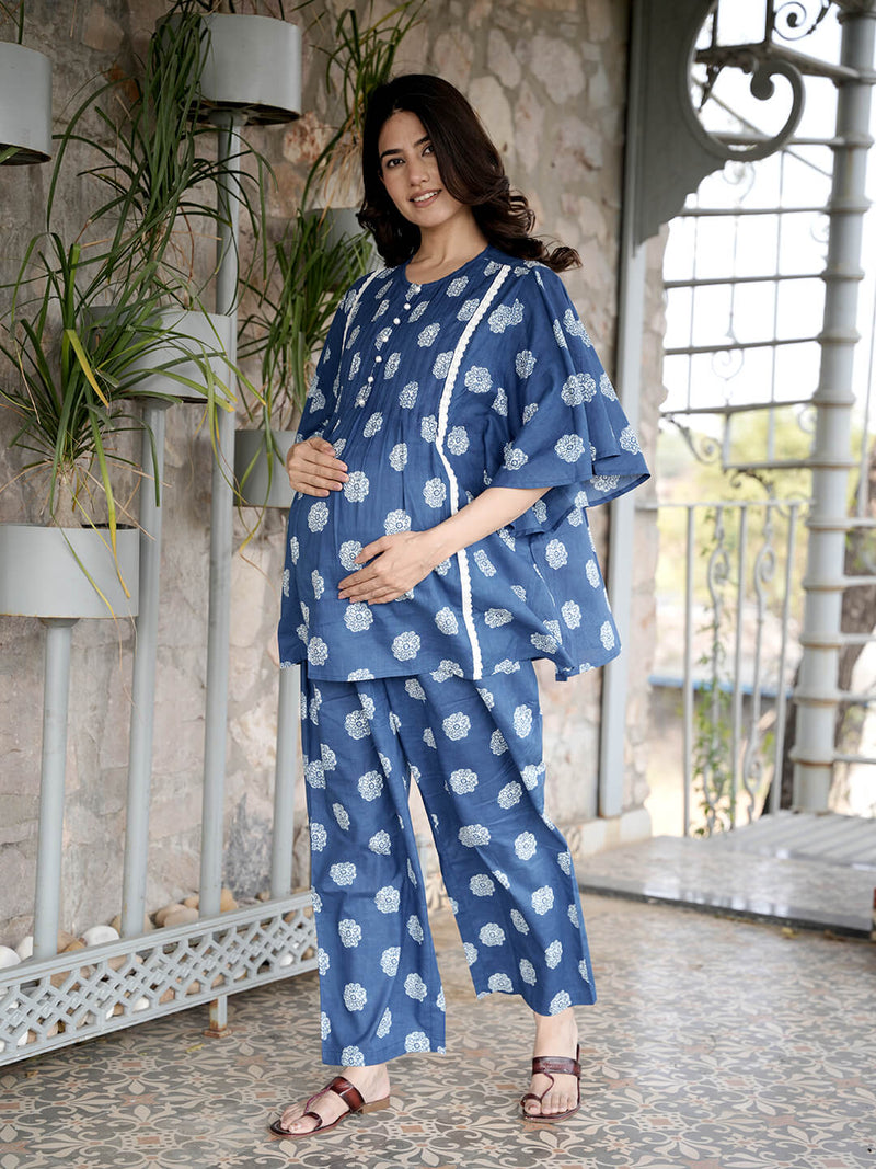 Indigo Printed Cotton Maternity Feeding-Friendly Night Suit