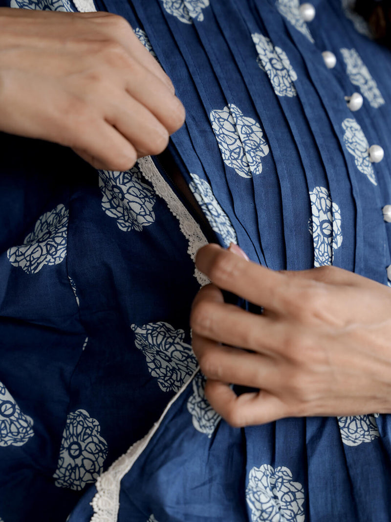 Indigo Printed Cotton Maternity Feeding-Friendly Night Suit