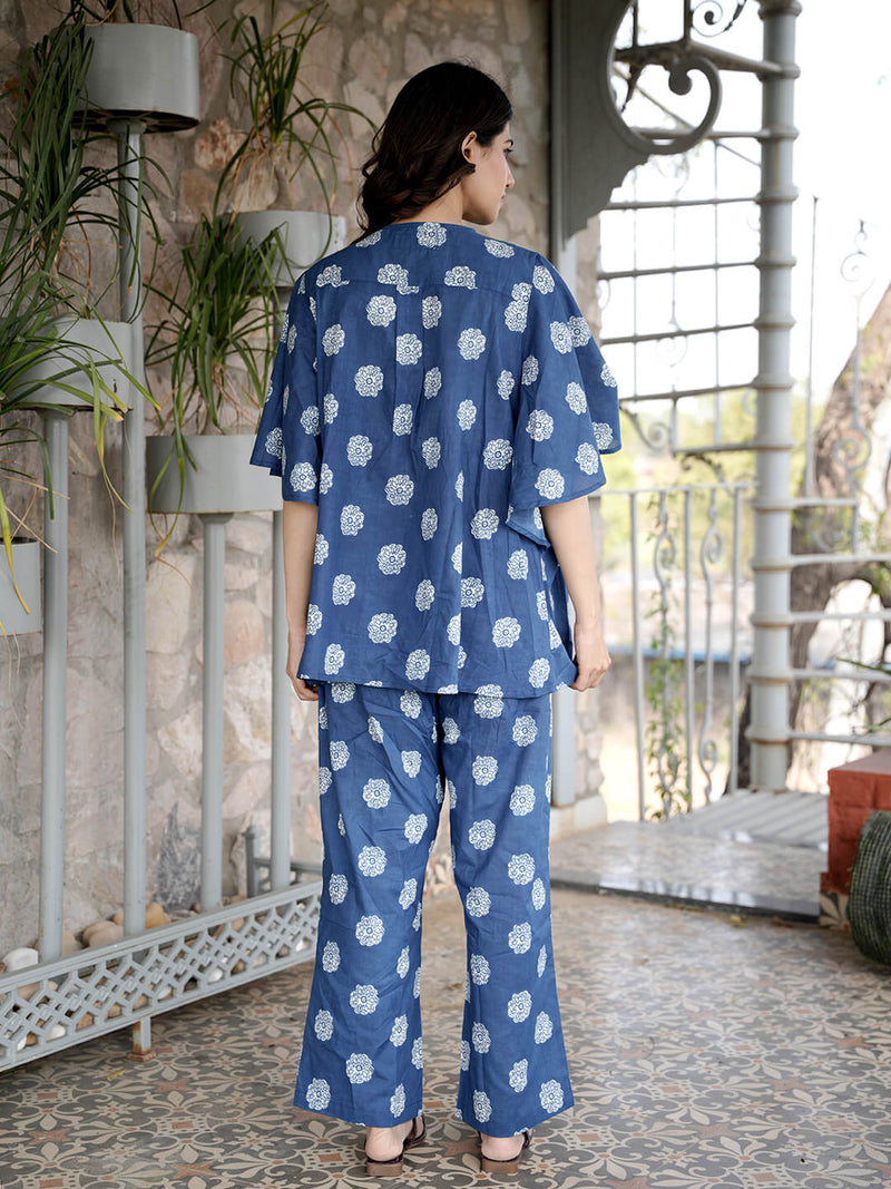 Indigo Printed Cotton Maternity Feeding-Friendly Night Suit