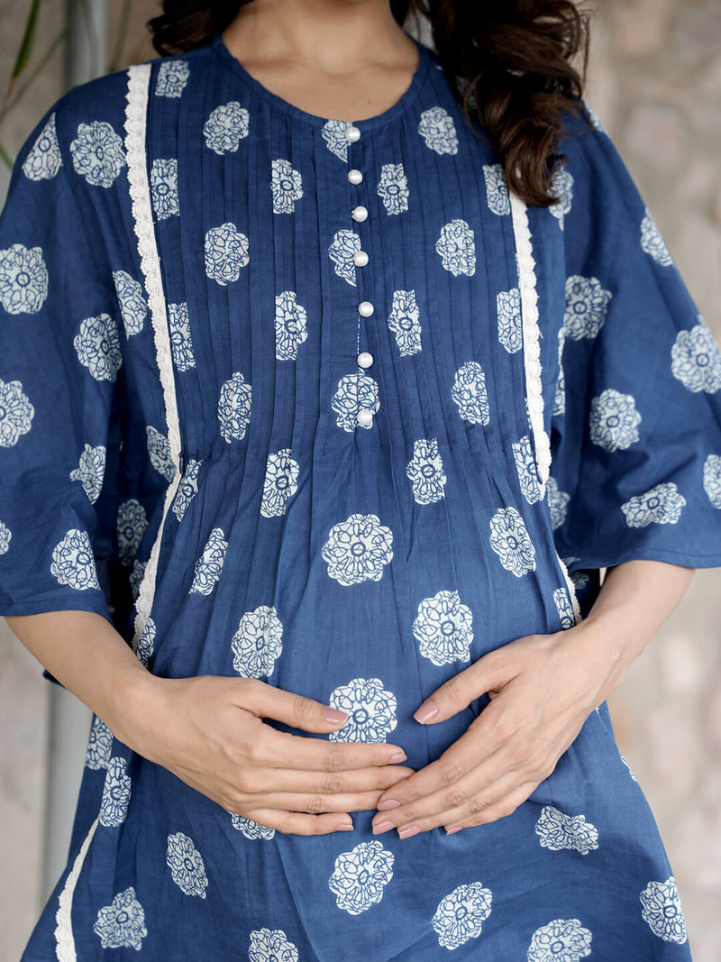 Indigo Printed Cotton Maternity Feeding-Friendly Night Suit