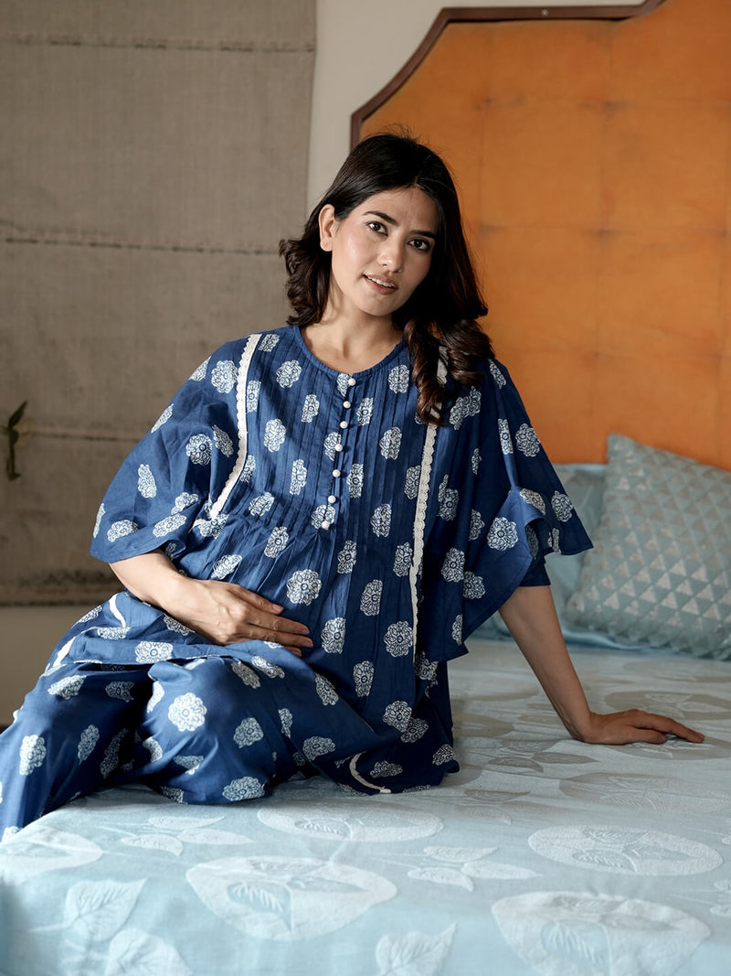 Indigo Printed Cotton Maternity Feeding-Friendly Night Suit