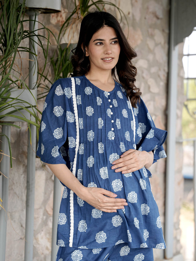Indigo Printed Cotton Maternity Feeding-Friendly Night Suit