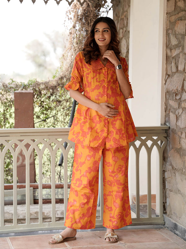 Rust Fuchsia Printed Cotton Maternity Feeding-Friendly Night Suit