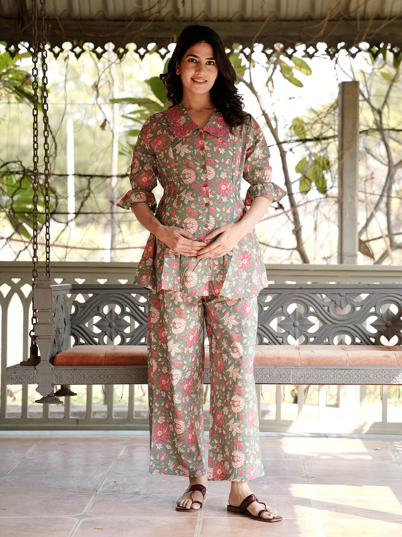 Light Blue Printed Cotton Maternity Feeding-Friendly Night Suit