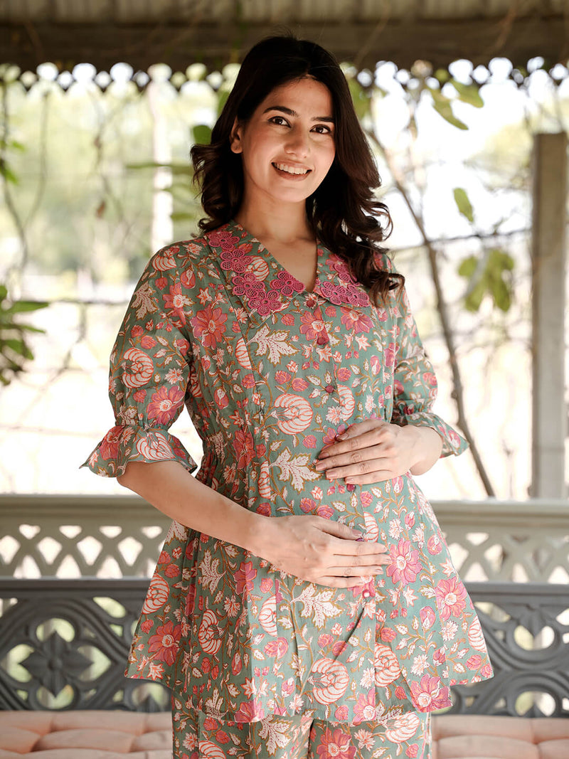 Light Blue Printed Cotton Maternity Feeding-Friendly Night Suit
