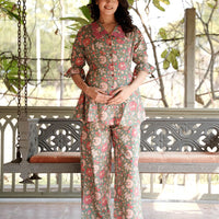 Light Blue Printed Cotton Maternity Feeding-Friendly Night Suit