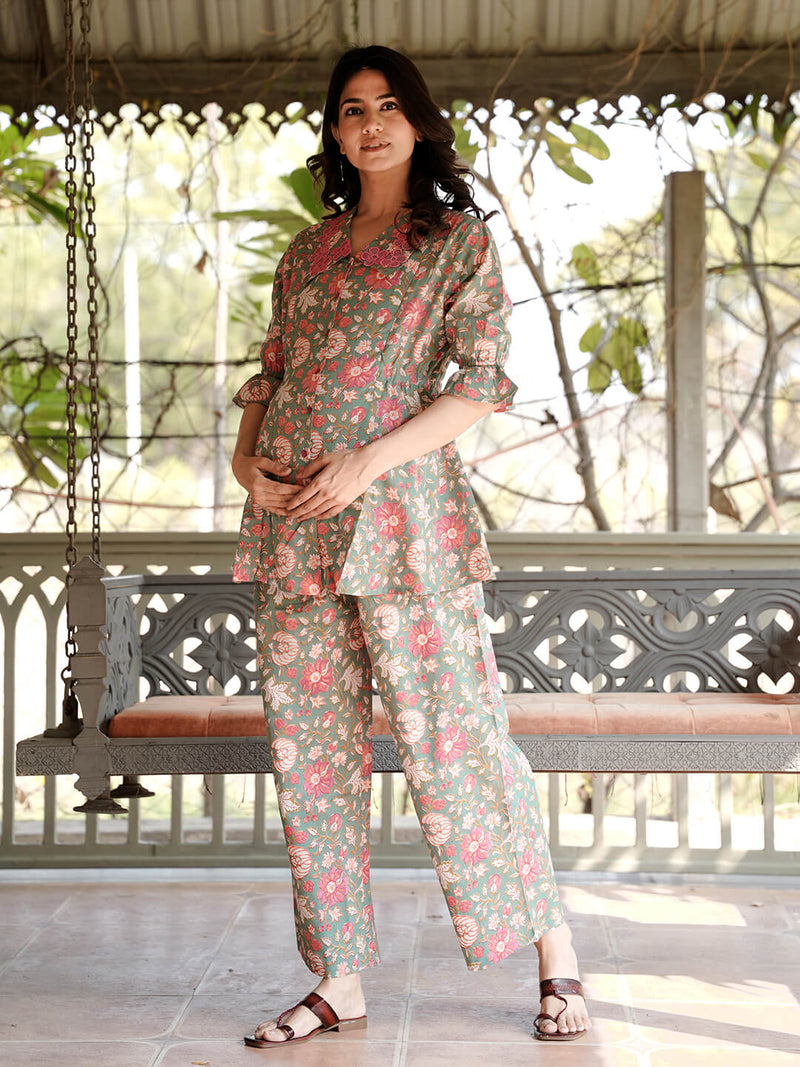 Light Blue Printed Cotton Maternity Feeding-Friendly Night Suit