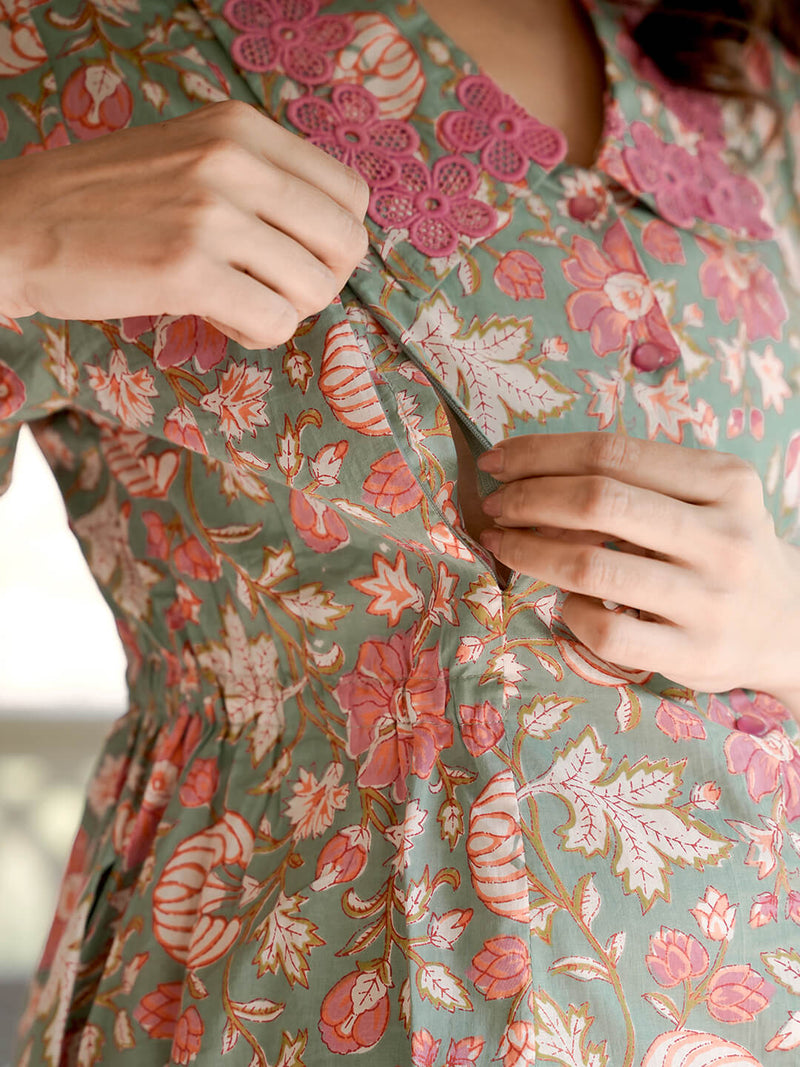 Light Blue Printed Cotton Maternity Feeding-Friendly Night Suit