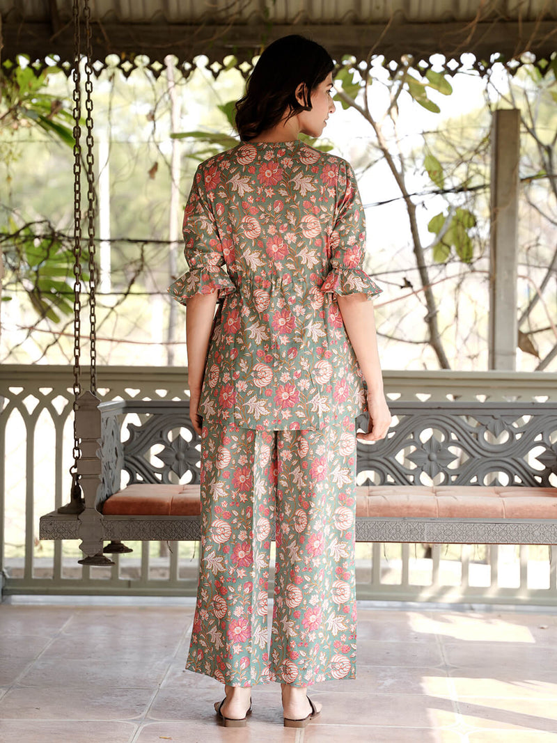 Light Blue Printed Cotton Maternity Feeding-Friendly Night Suit