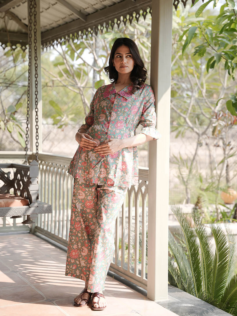 Light Blue Printed Cotton Maternity Feeding-Friendly Night Suit