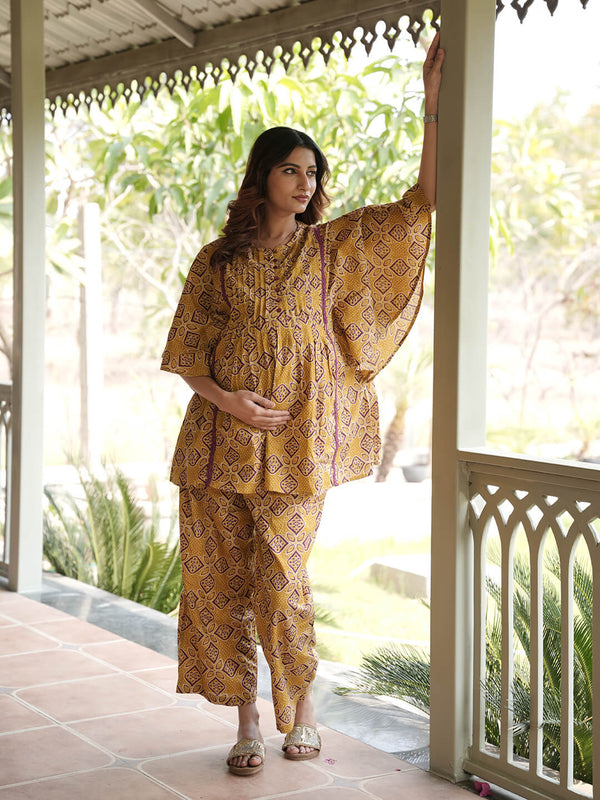 Mustard Printed Cotton Maternity Feeding-Friendly Night Suit