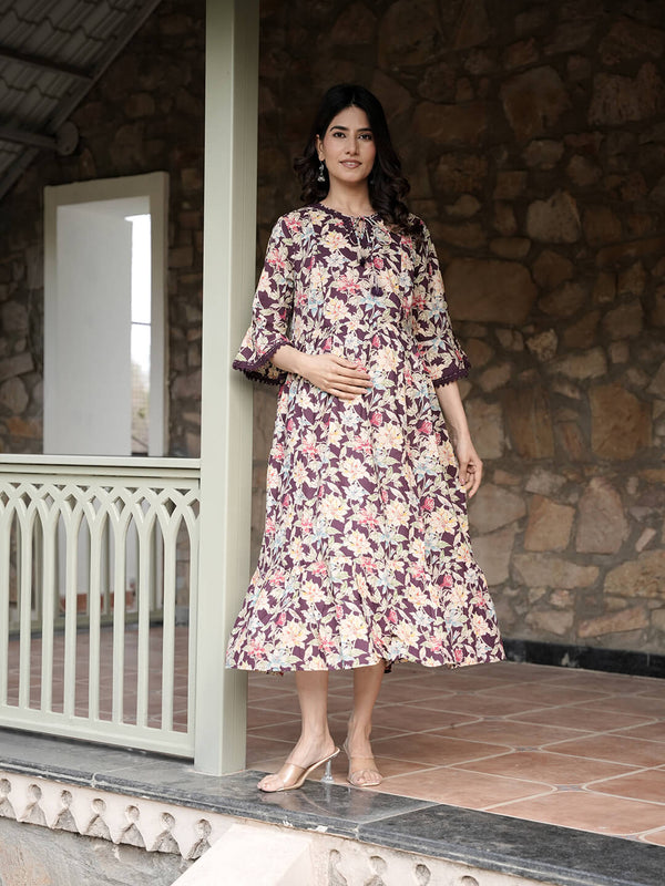 Burgundy Floral Print Maternity & Feeding Midi Dress with Concealed Zippers