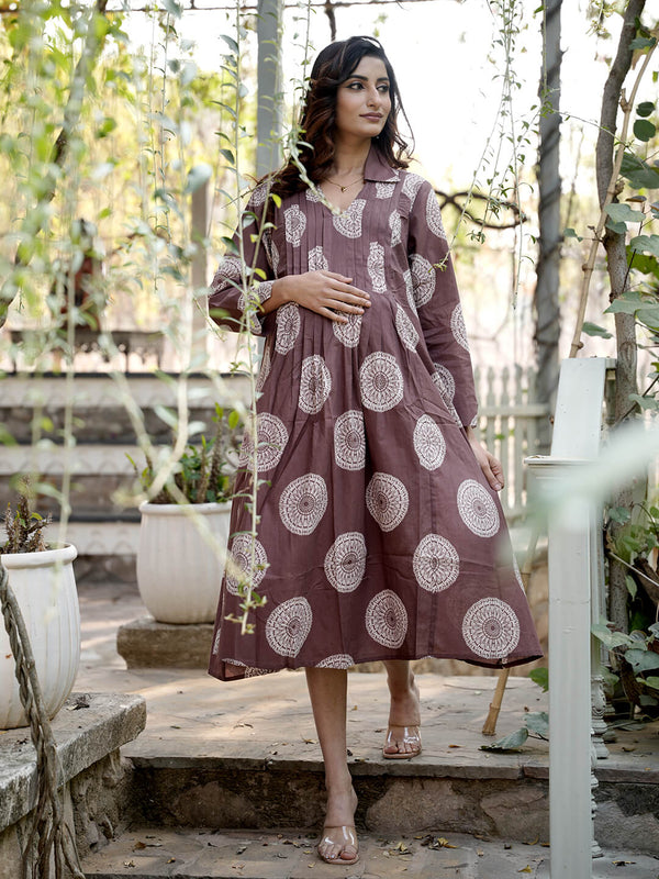 Taupe Geometric Print Maternity & Feeding Midi Dress with Concealed Zipper