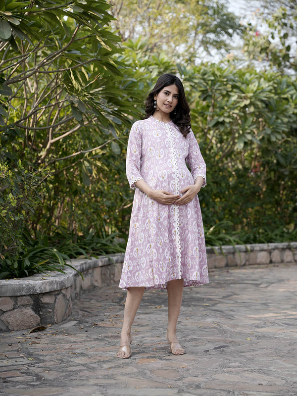 Mauve Ikat Printed Maternity & Feeding Midi Dress