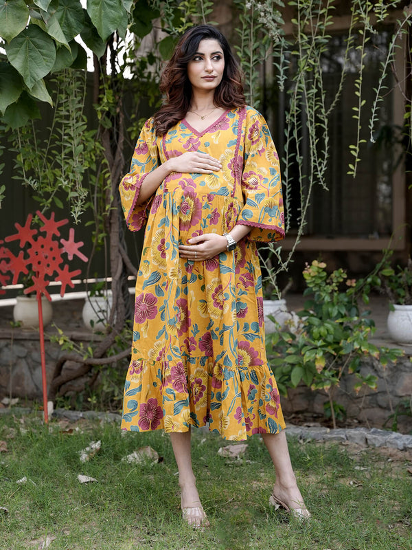 Mustard Floral Print Maternity & Feeding Midi Dress with Concealed Zipper