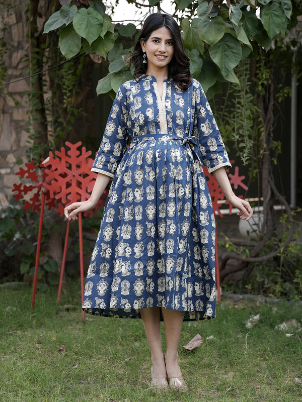 Indigo Ethnic Motifs Print Maternity & Feeding Midi Dress with Concealed Zipper