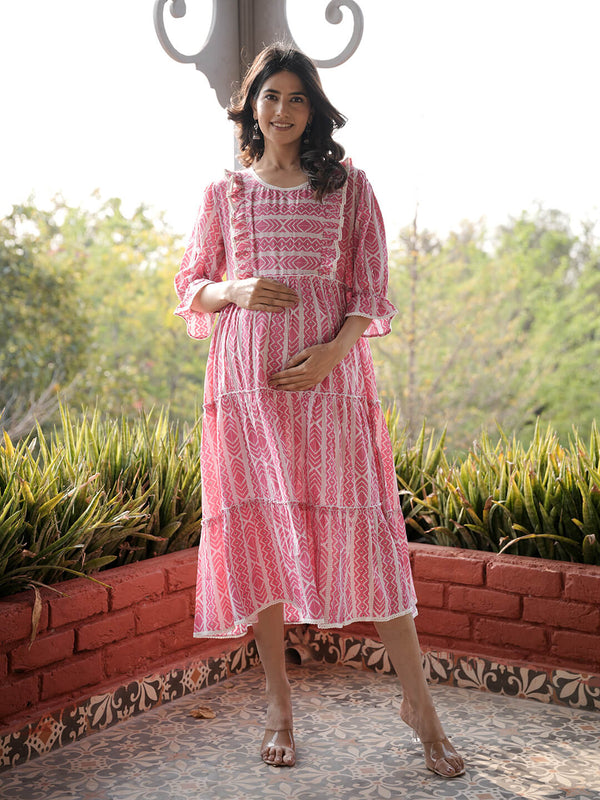Pink Geometric Print Maternity & Feeding Midi Dress with Concealed Zipper