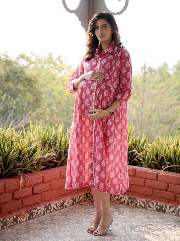 Fuchsia Ethnic Motifs Print Maternity & Nursing Midi Dress