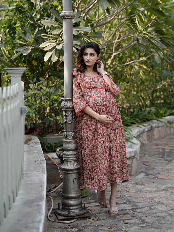 Maroon Ethnic Motifs Print Maternity & Feeding Midi Dress with Concealed Zipper