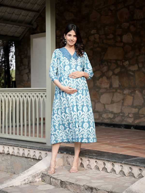 Teal Blue Ikat Print Maternity & Feeding Midi Dress with Concealed Zipper