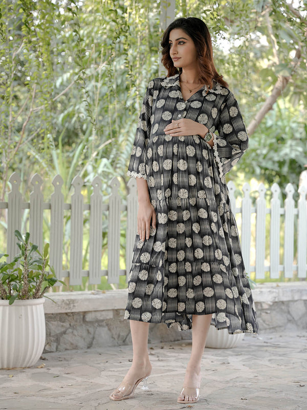 Black White Geometric Motifs Printed Maternity & Feeding Midi Dress