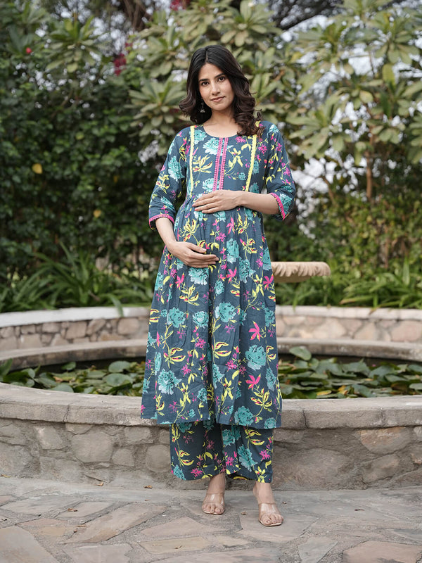 Grey Multi Floral Printed Maternity & Feeding Friendly Cotton Kurta Set