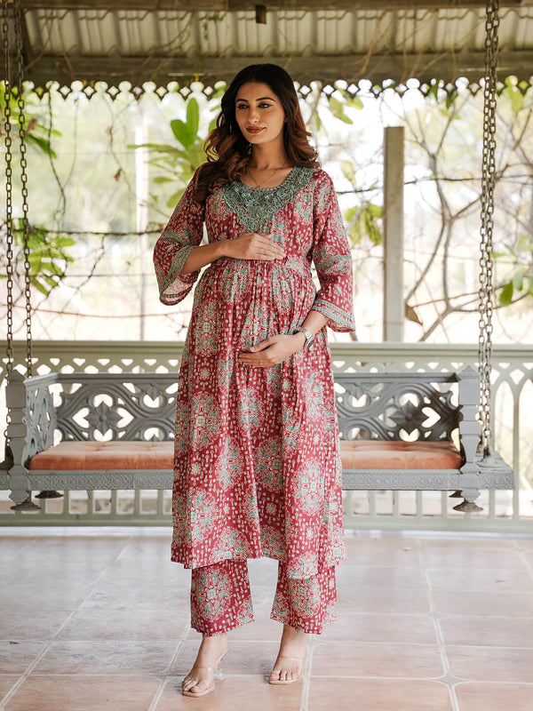 Maroon Ethnic Printed Maternity & Feeding Friendly Cotton Kurta Set