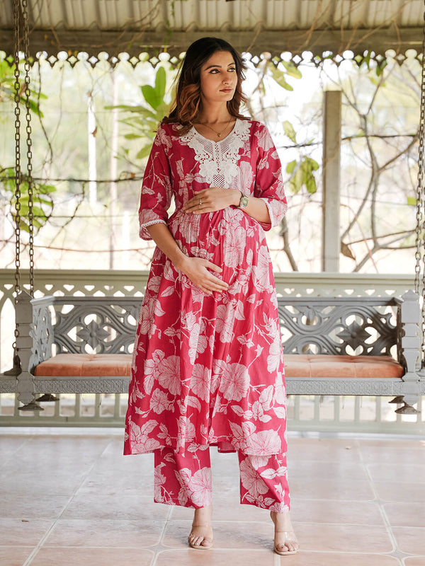 Fuchsia White Floral Printed Maternity & Feeding Friendly Cotton Kurta Set