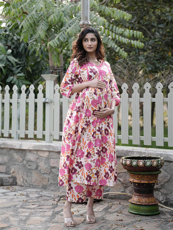 Ivory Fuchsia Floral Printed Maternity & Feeding Friendly Cotton Kurta Set