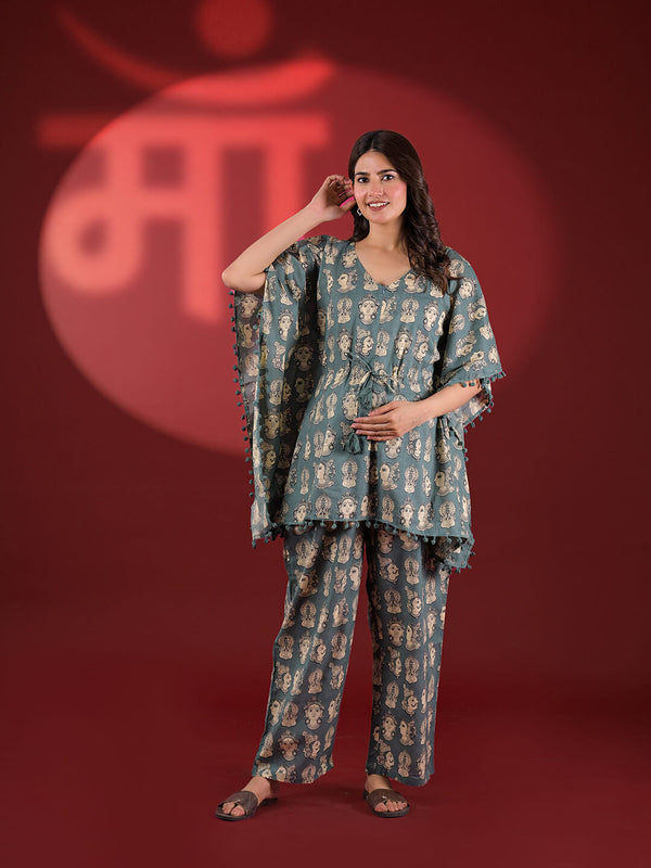 Grey Ethnic Motifs Print Maternity Feeding-Friendly Kaftan Night Suit with Concealed Zipper