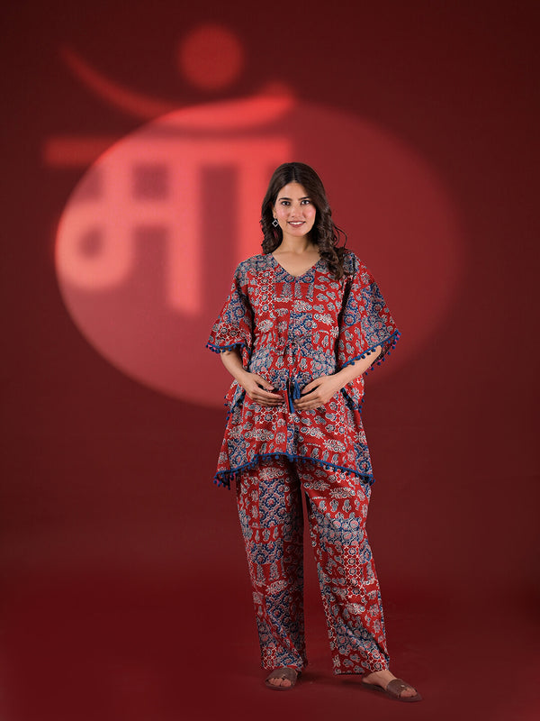 Red Indigo Ethnic Print Maternity Feeding-Friendly Kaftan Night Suit with Concealed Zipper