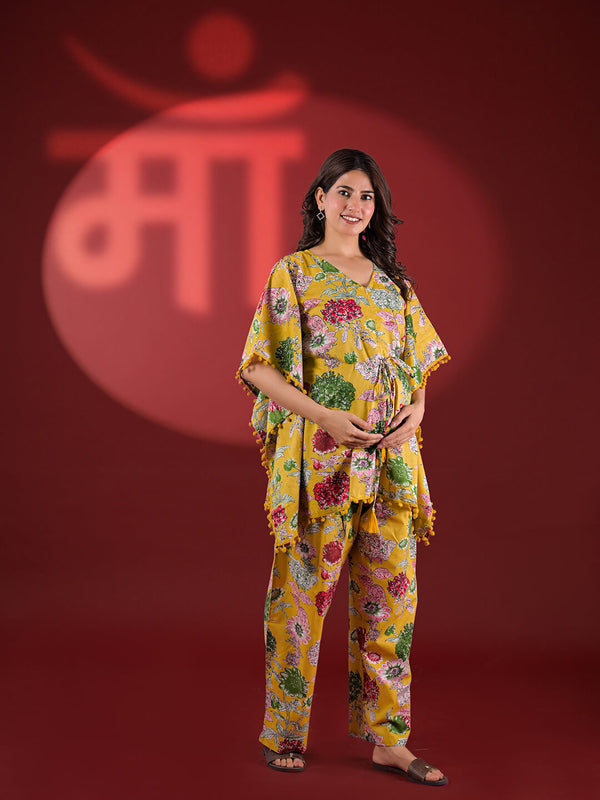 Mustard Multi Floral Printed Maternity Feeding-Friendly Kaftan Night Suit with Concealed Zipper