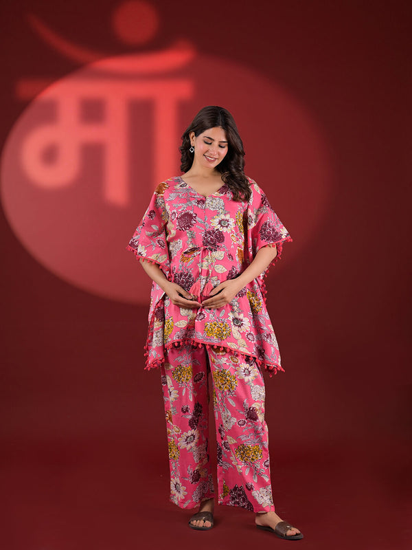 Pink Multi Floral Printed Maternity & Feeding Friendly Kaftan Night Suit with Concealed Zipper