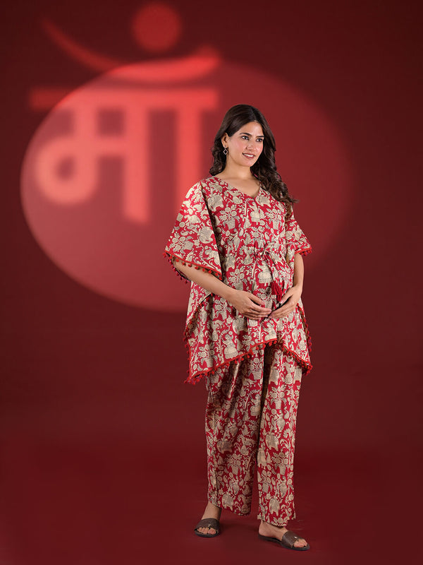 Coral Ethnic Print Maternity Feeding-Friendly Kaftan Night Suit with Concealed Zipper