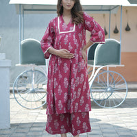 Maroon Gold Ethnic Printed Maternity & Feeding Friendly Cotton Kurta Set