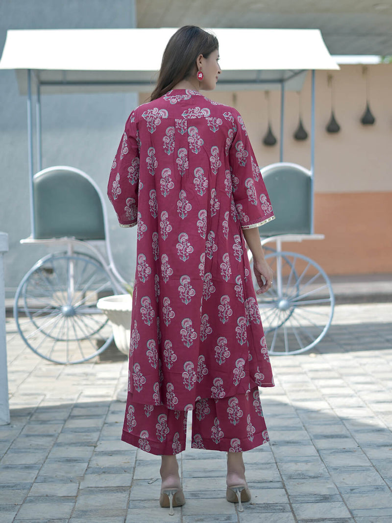 Maroon Gold Ethnic Printed Maternity & Feeding Friendly Cotton Kurta Set