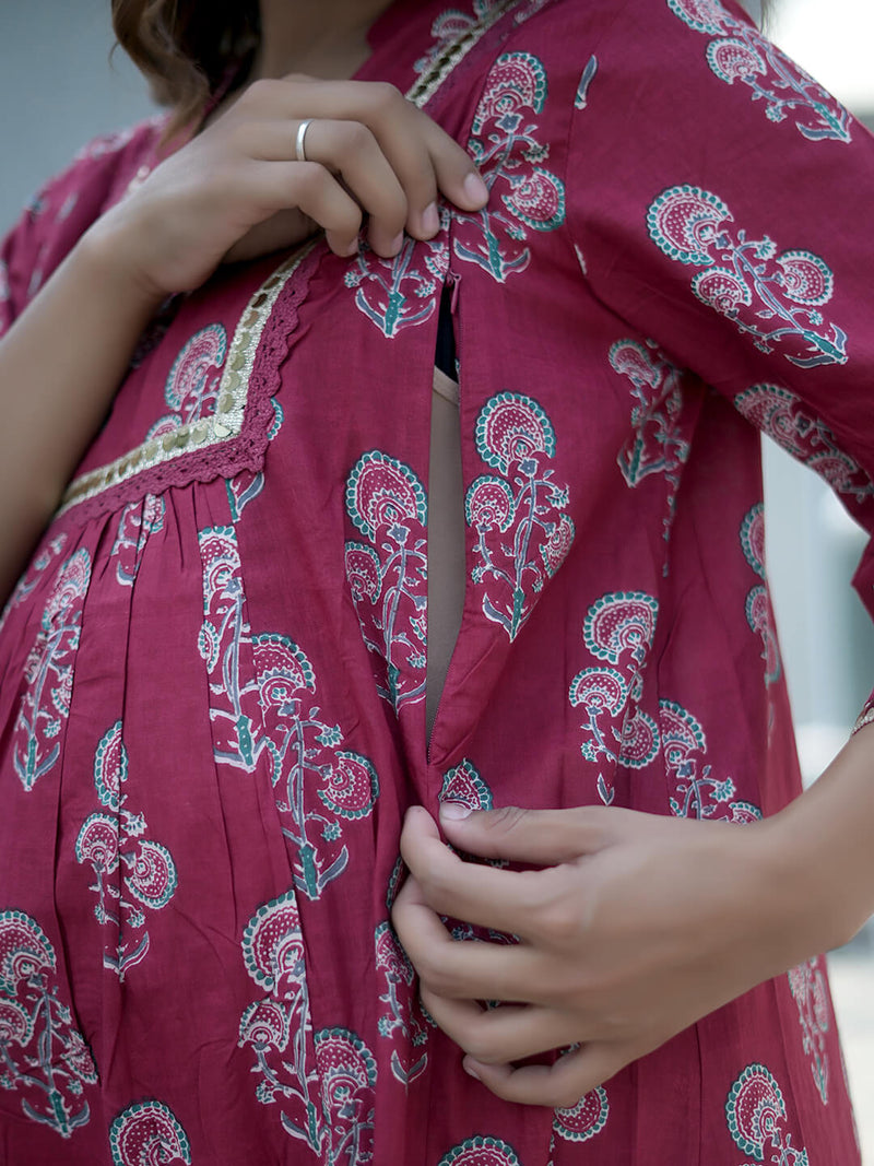 Maroon Gold Ethnic Printed Maternity & Feeding Friendly Cotton Kurta Set