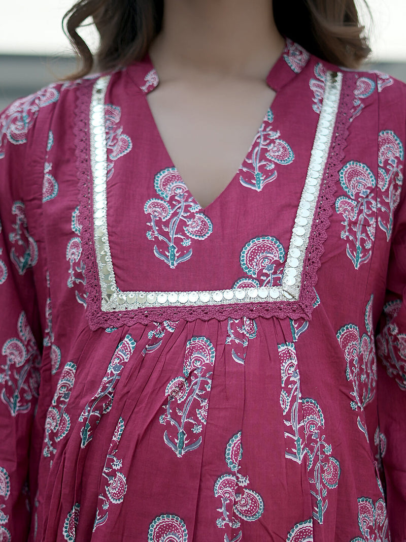 Maroon Gold Ethnic Printed Maternity & Feeding Friendly Cotton Kurta Set