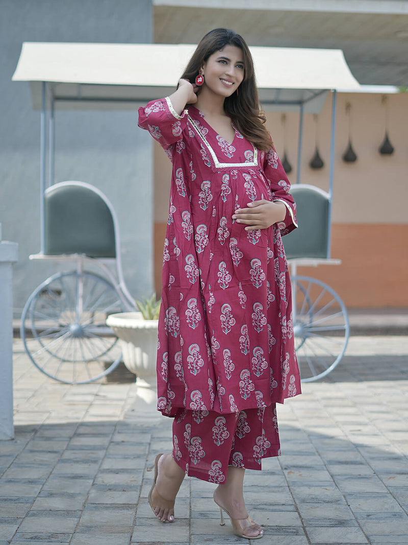 Maroon Gold Ethnic Printed Maternity & Feeding Friendly Cotton Kurta Set