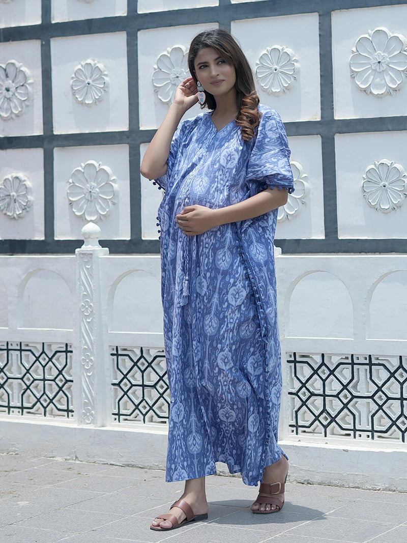 Blue Ikat Print Maternity & Feeding Kaftan Dress