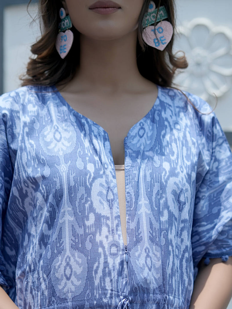 Blue Ikat Print Maternity & Feeding Kaftan Dress